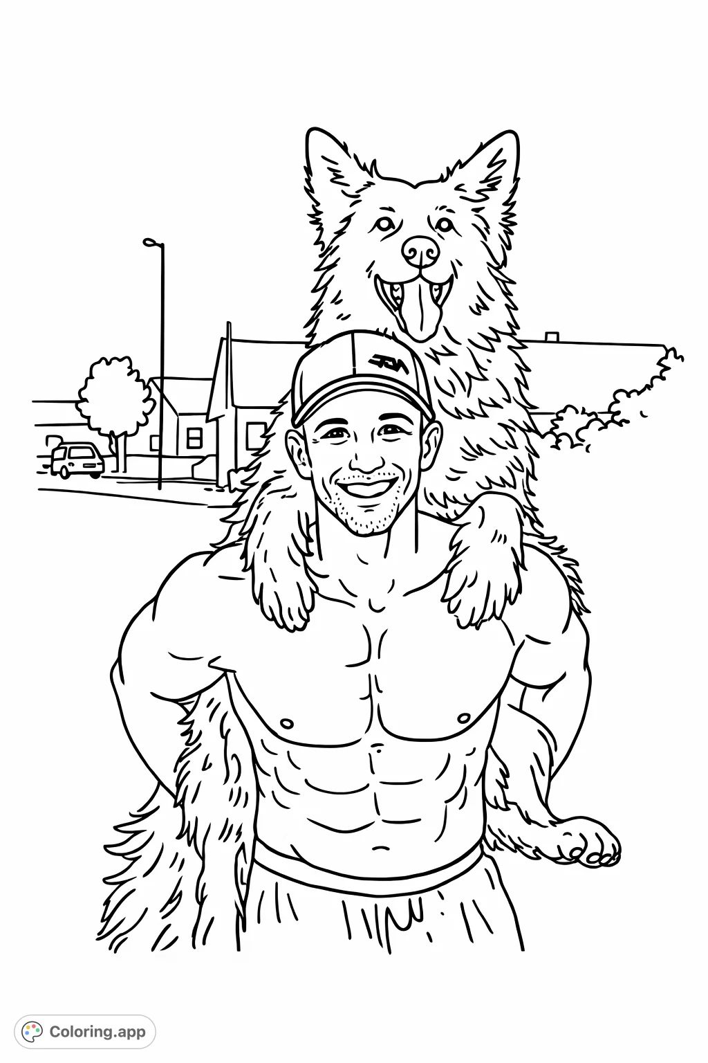 A strong man carries his loyal, shaggy dog on his shoulders, both smiling for a friendly outdoor adventure. This heartwarming scene offers simple joy for coloring.
