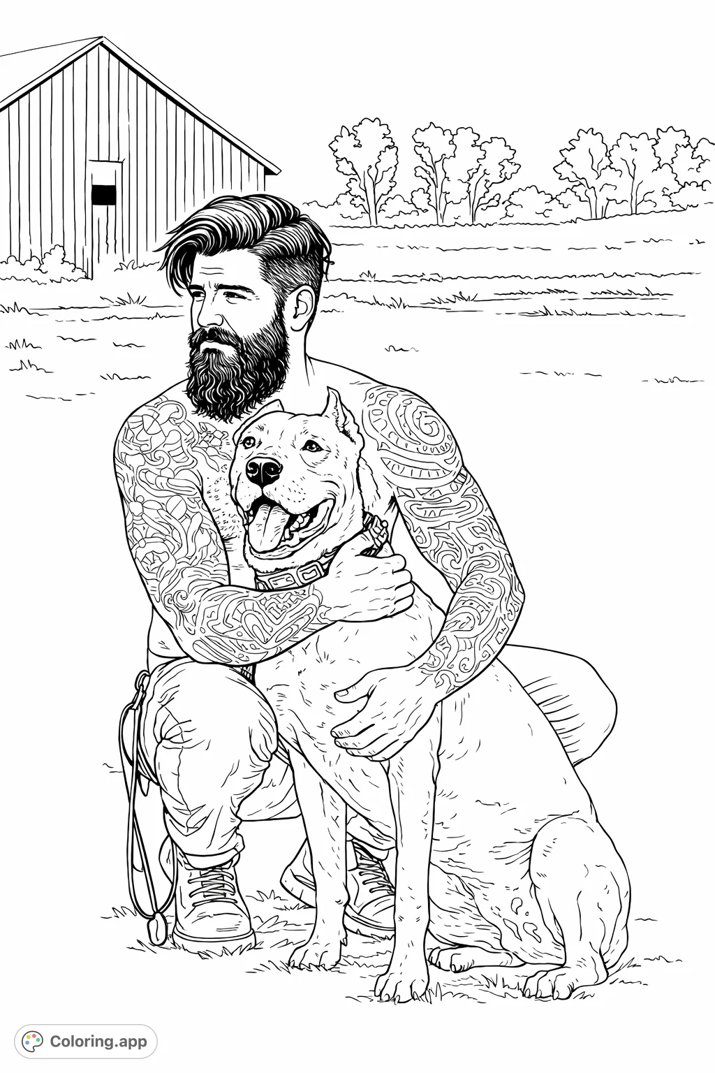 A rugged, tattooed man embracing his loyal dog in a rustic country setting. A powerful scene of companionship, perfect for detailed coloring and personal expression.