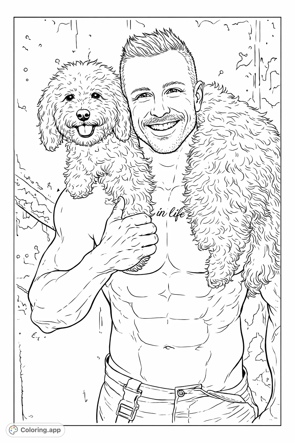 A heartwarming coloring page featuring a muscular man and his joyful, fluffy dog companion, set against a rustic background, perfect for pet lovers.