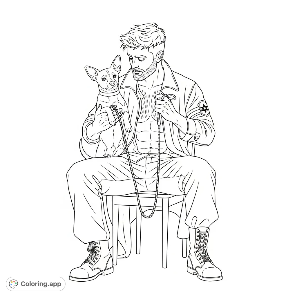 A detailed coloring page depicting a rugged man with a short beard, muscular torso, and detailed clothing, gently cradling a small, short-haired dog.