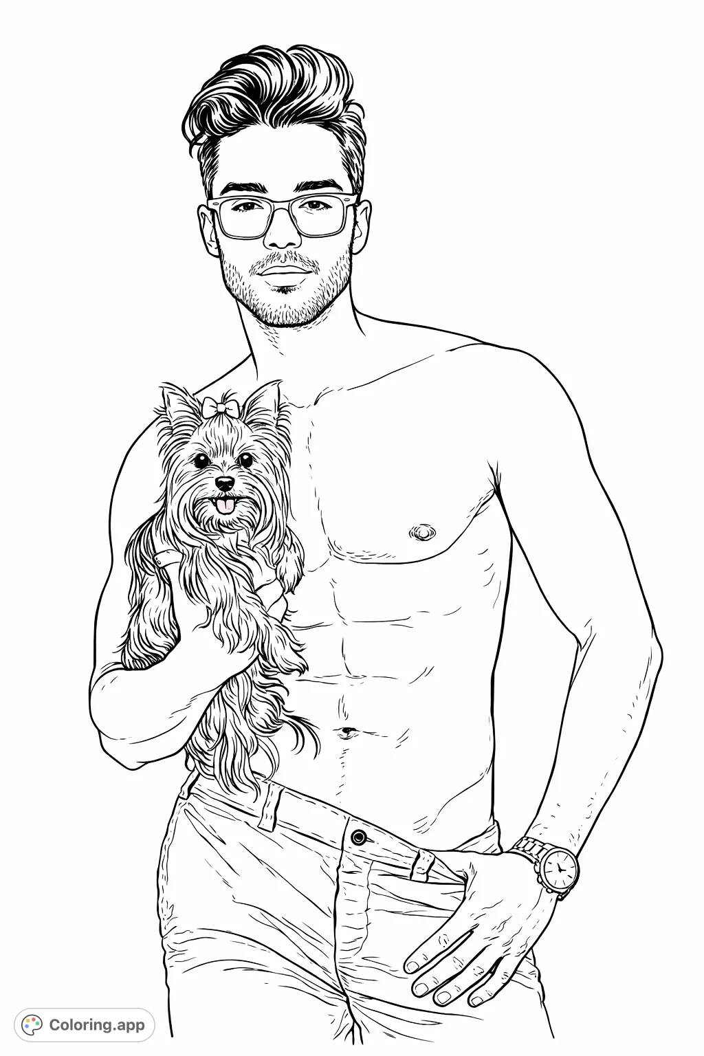 Color a stylish man wearing glasses and featuring a muscular build, holding a charming, long-haired Yorkshire Terrier with a bow. A captivating scene for pet and portrait art.