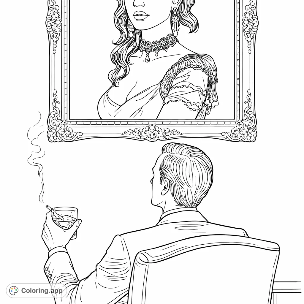 A man in a suit contemplates an elegant portrait of a woman, holding a drink and cigarette. A sophisticated scene for a detailed coloring experience.