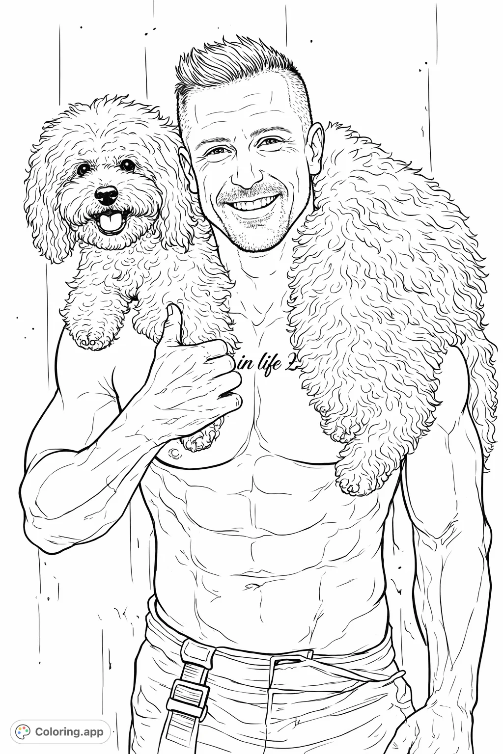 A muscular man with a mustache smiles alongside a fluffy dog perched on his shoulder, set against a rugged, textured background. Perfect for detailed coloring.