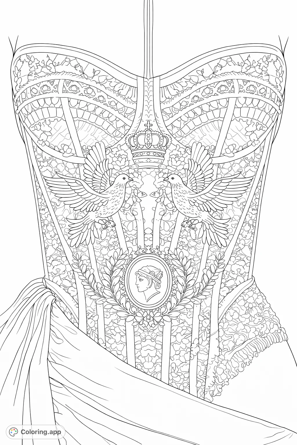An exquisitely detailed corset coloring page, featuring intricate lace, embroidered doves, a crown, and a central emblem. Perfect for fashion enthusiasts.