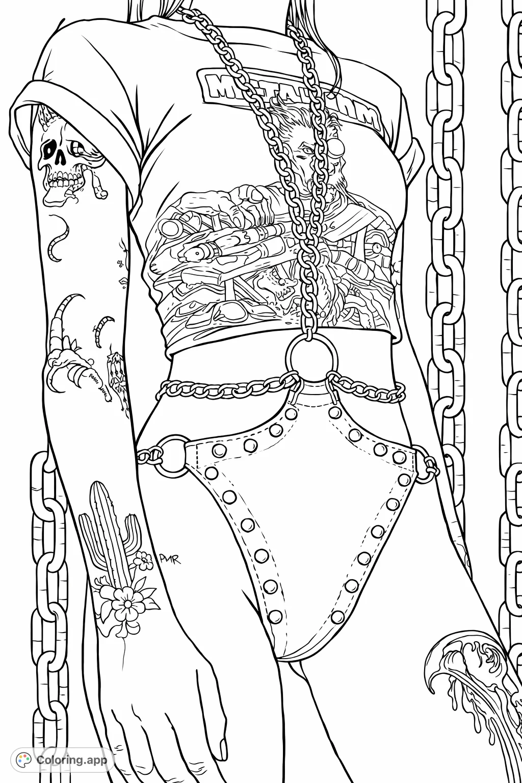 Express your edgy style with this punk-inspired fashion coloring page featuring detailed tattoos, chains, and studded elements. A statement piece.