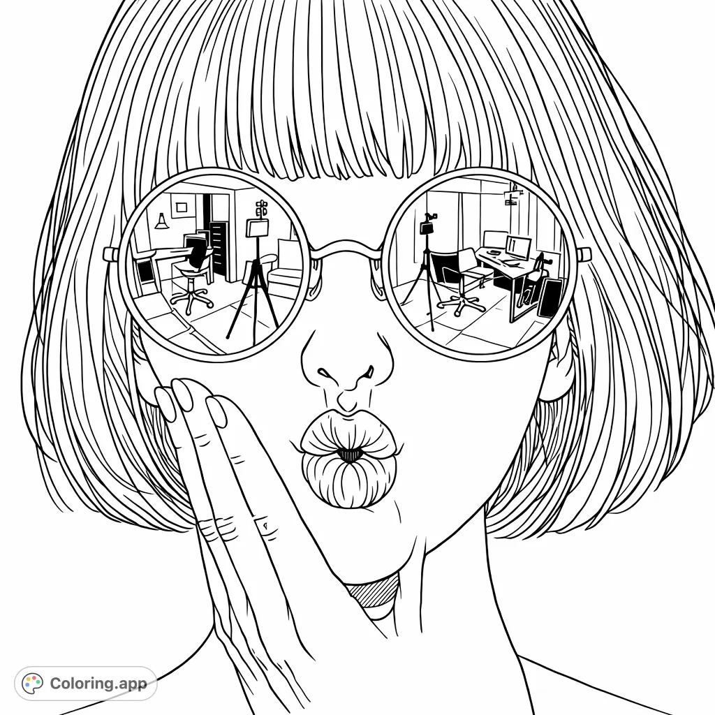 A chic portrait with a person sporting short hair and round sunglasses that reflect an interior scene, captured mid-kiss. A stylish and detailed coloring challenge.