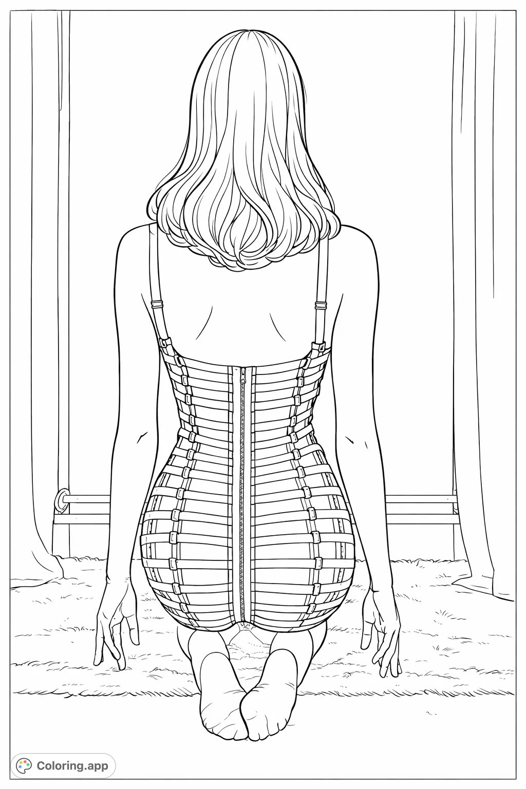 A striking coloring page featuring a person in a meticulously strapped garment, kneeling from the back. Intricate details invite creative exploration and shading.