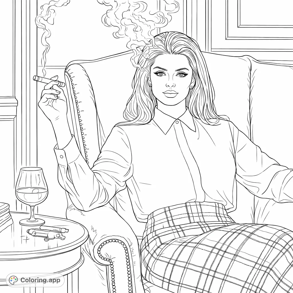 An elegant woman in a classic armchair, holding a cigar. A sophisticated adult coloring page with intricate details, from plaid skirt to rising smoke.