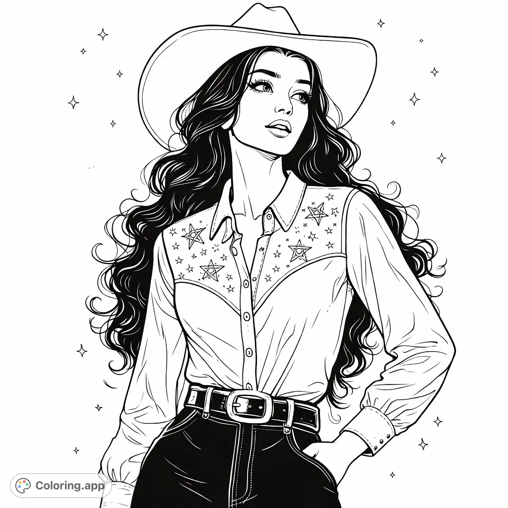 A striking cowgirl portrait featuring a woman in a detailed Western shirt and hat, set against a starlit, cloud-dappled background.