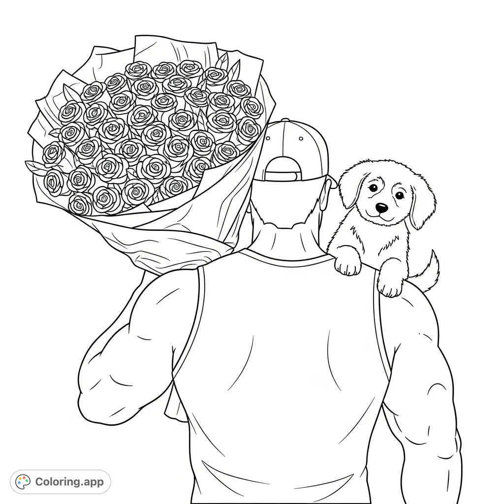 Discover a unique coloring page featuring a muscular man carrying a large bouquet of roses and a fluffy puppy. A charming blend of strength and tenderness awaits!