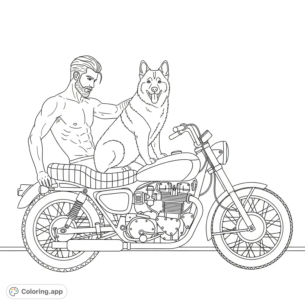 A detailed coloring page featuring a shirtless man with a defined physique on a vintage motorcycle, accompanied by a furry dog.