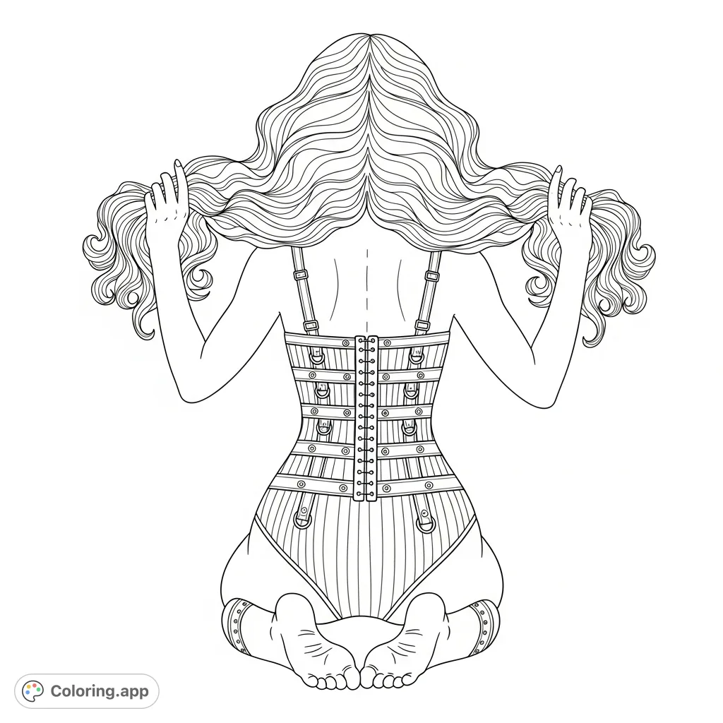 Discover a serene woman kneeling, her luxuriant hair cascading. Features a form-fitting garment with ribbed details and delicate hosiery. A graceful and elegant figure awaiting your artistic touch.