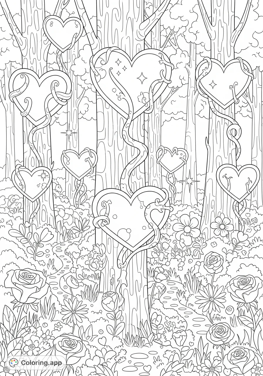 Step into a whimsical magical forest coloring page adorned with intertwined hearts, elegant roses, diverse flowers, and sparkling vines for a romantic coloring adventure.