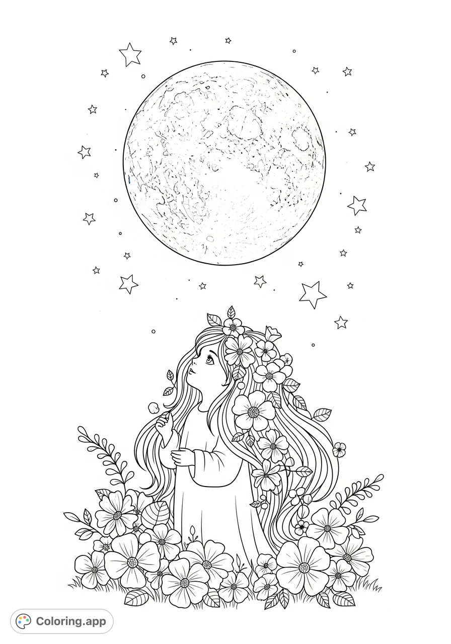 A mystical Moon child with floral hair under a vast, detailed moon and a sky full of stars. Perfect for a celestial fantasy coloring page.