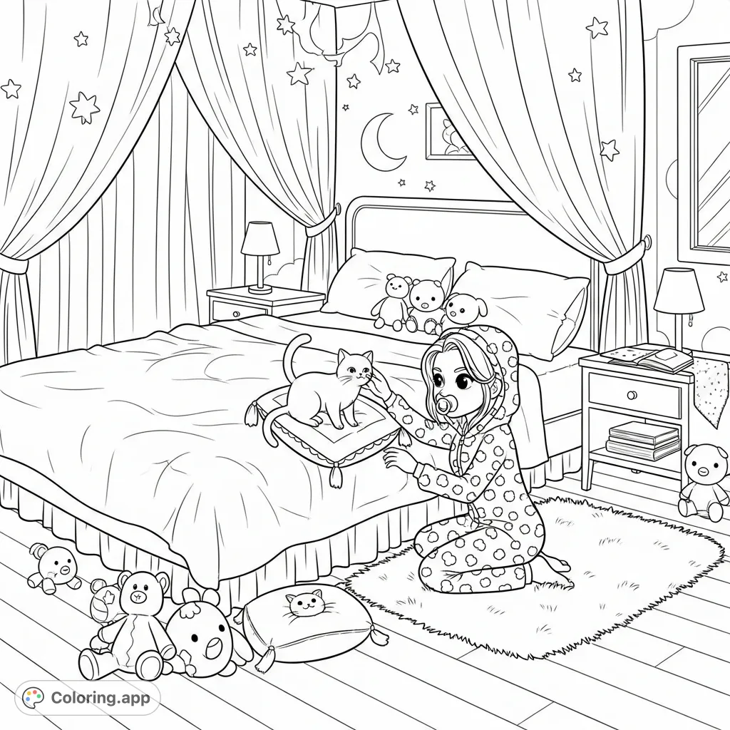 A comforting bedroom scene featuring a young adult woman with her cat, surrounded by plush toys and soft furnishings. Ideal for relaxation and personal expression.