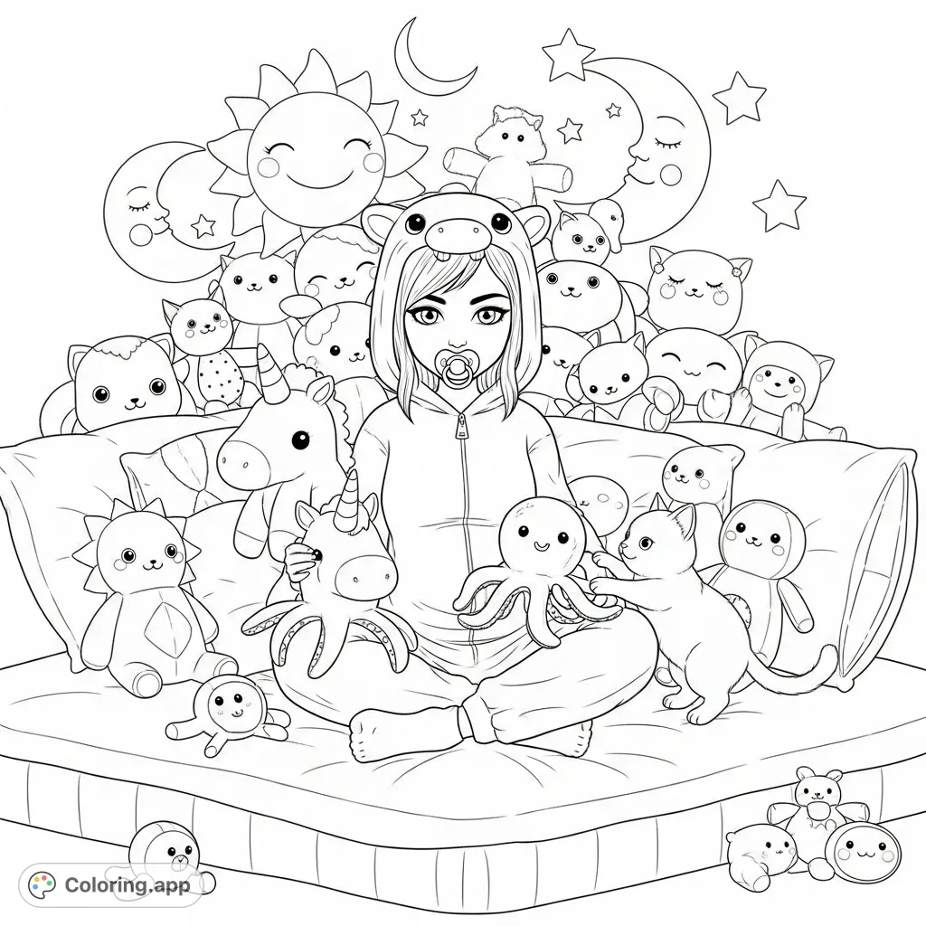 Immerse yourself in a whimsical scene featuring a young woman in an animal onesie, surrounded by a playful assortment of plushies and a curious cat on a cozy bed.