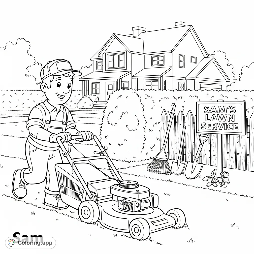 A charming Sam's Lawn Service coloring page featuring Sam mowing a pristine lawn with tools and a house in the background. Perfect for all ages!