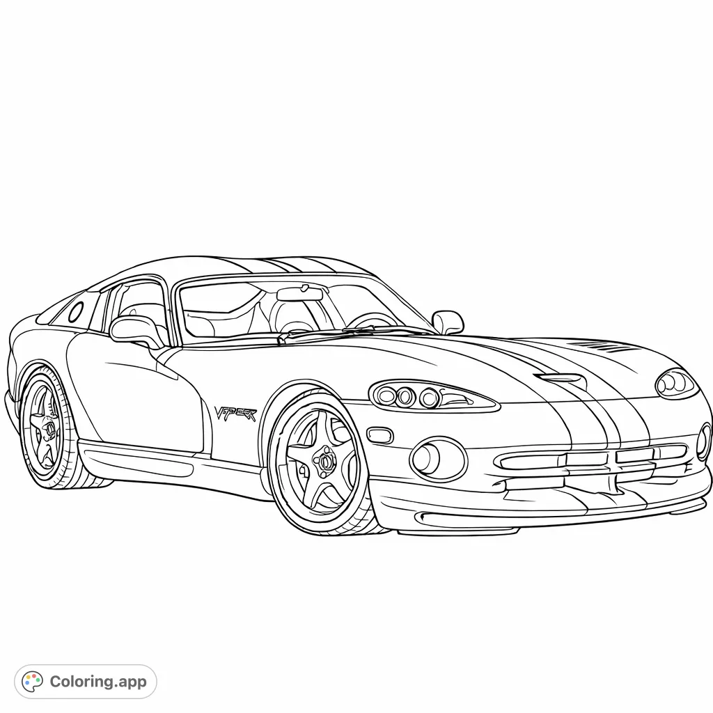 Color a powerful sports coupe featuring iconic racing stripes and intricate details. Perfect for car enthusiasts and anyone who loves speed and design.