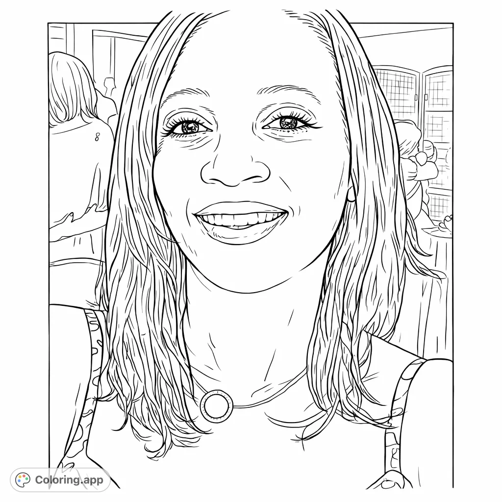 A radiant woman with a warm smile, adorned with a delicate circular pendant, captured in an elegant indoor setting. Perfect for detailed portrait coloring.