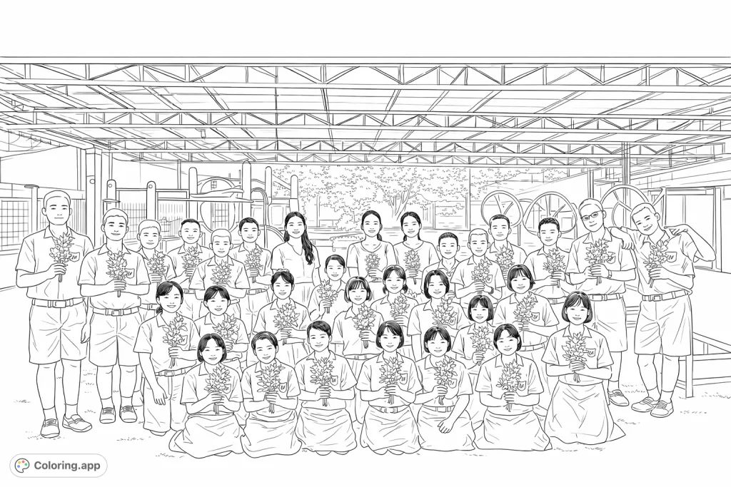 A free printable student gathering coloring page, depicting a large group of students and teachers with floral offerings, set against a school playground background.