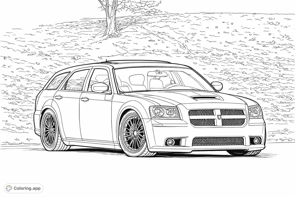 Detail a powerful station wagon with performance features, including a hood scoop, distinct grille, and custom wheels, set against a natural outdoor backdrop.