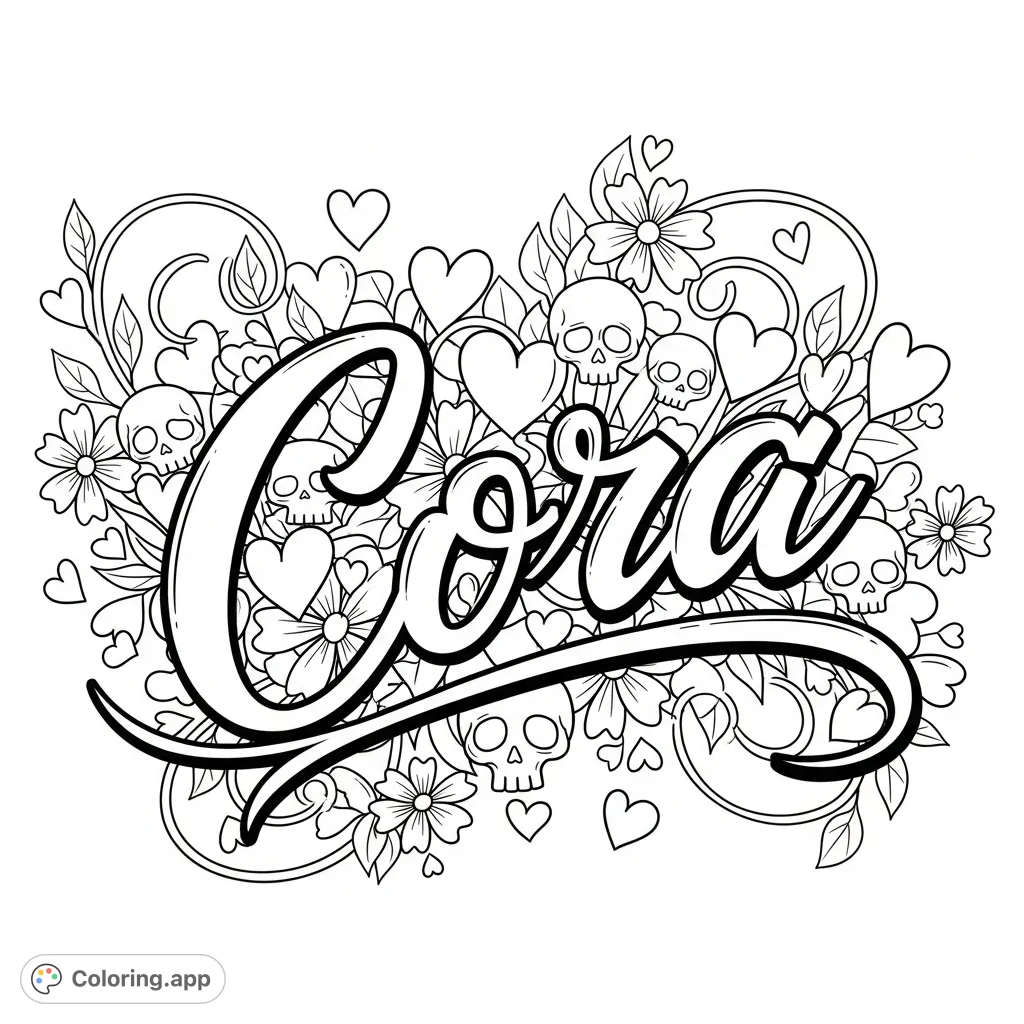 A dynamic "Cora" graffiti art piece, adorned with cute hearts, tiny skulls, and delicate flowers, offering a unique blend of urban edge and sweet charm.