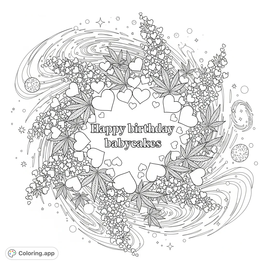 A unique birthday coloring page featuring 'Happy birthday babycakes' amidst cosmic swirls, hearts, and distinctive leaves, perfect for adult coloring.