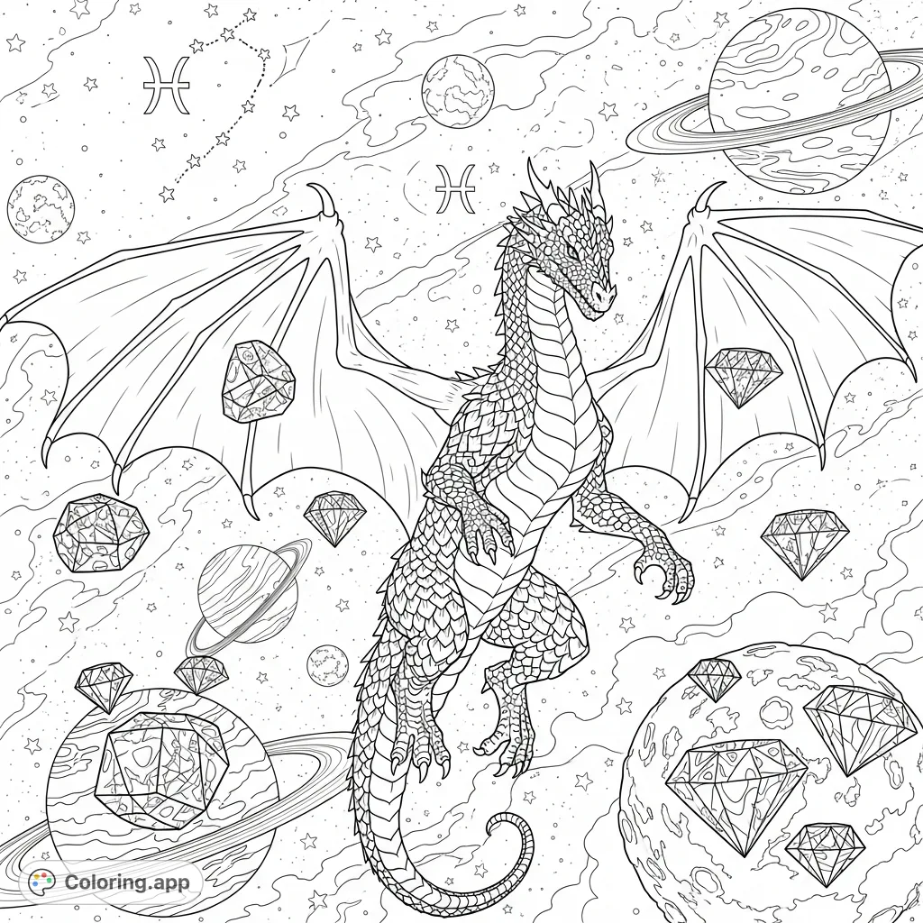 Unleash your creativity with a fearless dragon soaring amidst trippy diamonds and beautiful planets, featuring the Pisces zodiac in a stunning cosmic scene.