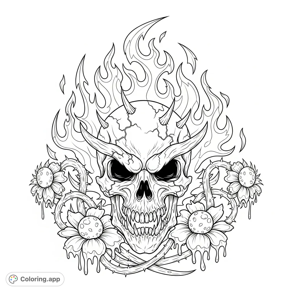 An intense coloring page featuring a twisted demonic skull engulfed by dynamic, 'badass' flames and unsettling, 'poisonous' flowers. Unleash your inner artist!