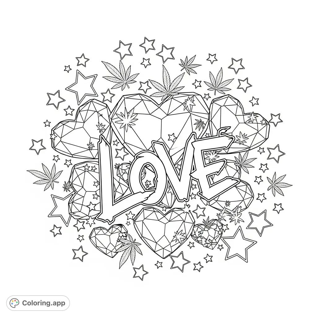 An intricate diamond hearts coloring page featuring sparkling stars, tiny marijuana leaves, and the word 'love' in bold graffiti style. A unique blend for adults.