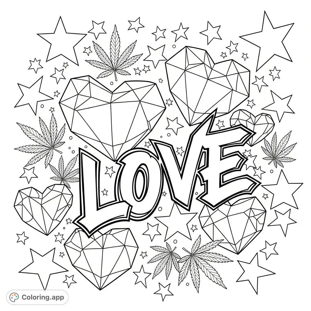 An intricate design featuring faceted diamond hearts, shimmering stars, delicate marijuana leaves, and the word "LOVE" in bold graffiti, offering a unique coloring experience.