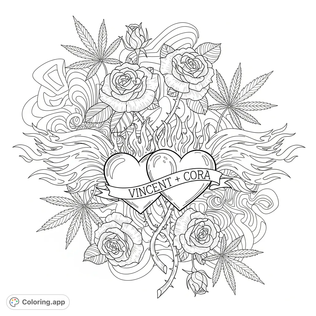 Explore a unique trippy hearts coloring page featuring flaming hearts, beautiful roses, intertwined cannabis leaves, and abstract patterns. Includes "Vincent + Cora."