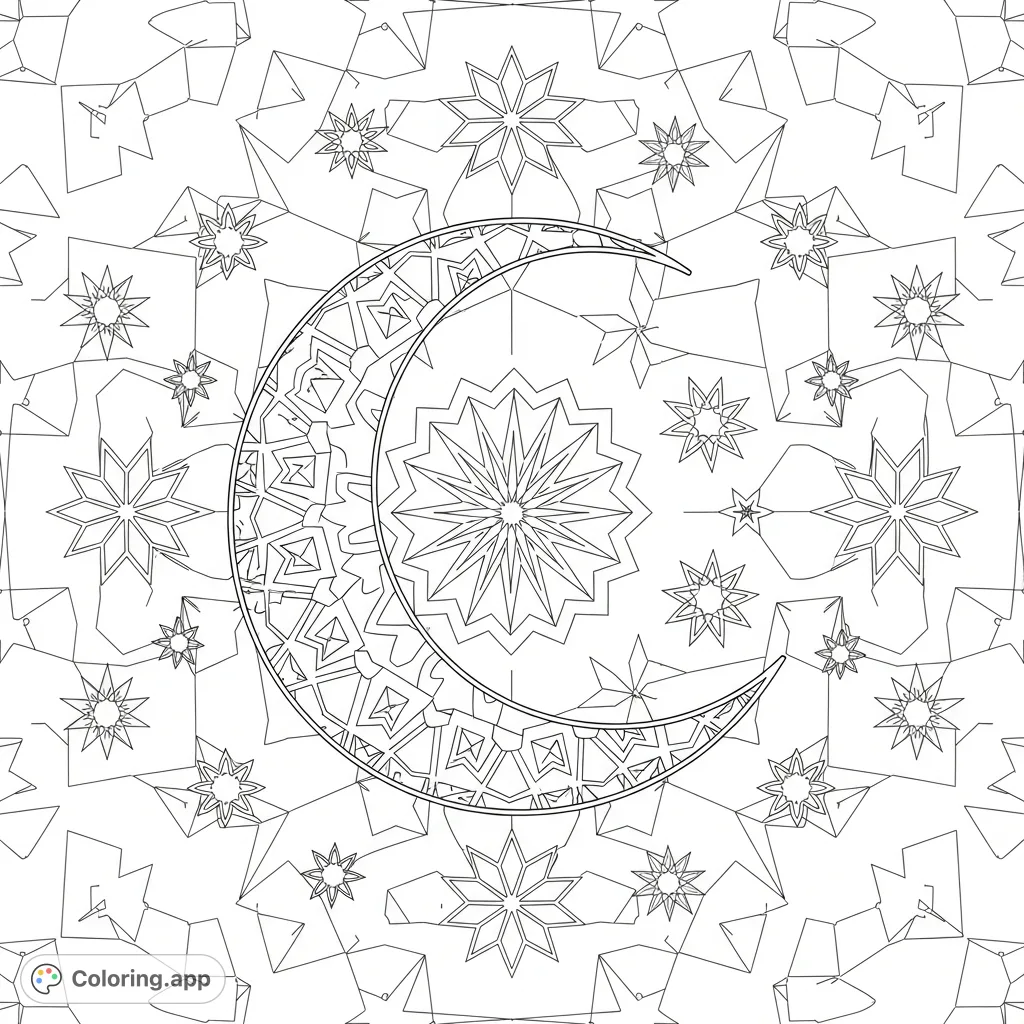 Explore a captivating geometric moon coloring page featuring a crescent moon, intricate patterns, and scattered stars for a unique, structured celestial art experience.