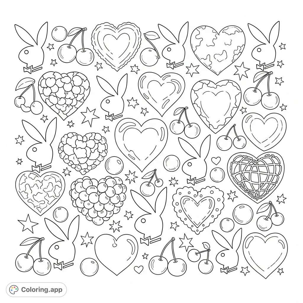 A playful arrangement of varied hearts, iconic bunny heads, sweet cherries, and sparkling stars creates a fun, decorative pattern for creative expression.