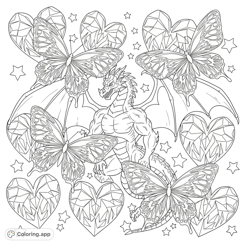 A powerful dragon soars amidst stylized hearts, intricate butterflies with cannabis leaves, and sparkling stars. Unleash your creativity with this unique design.