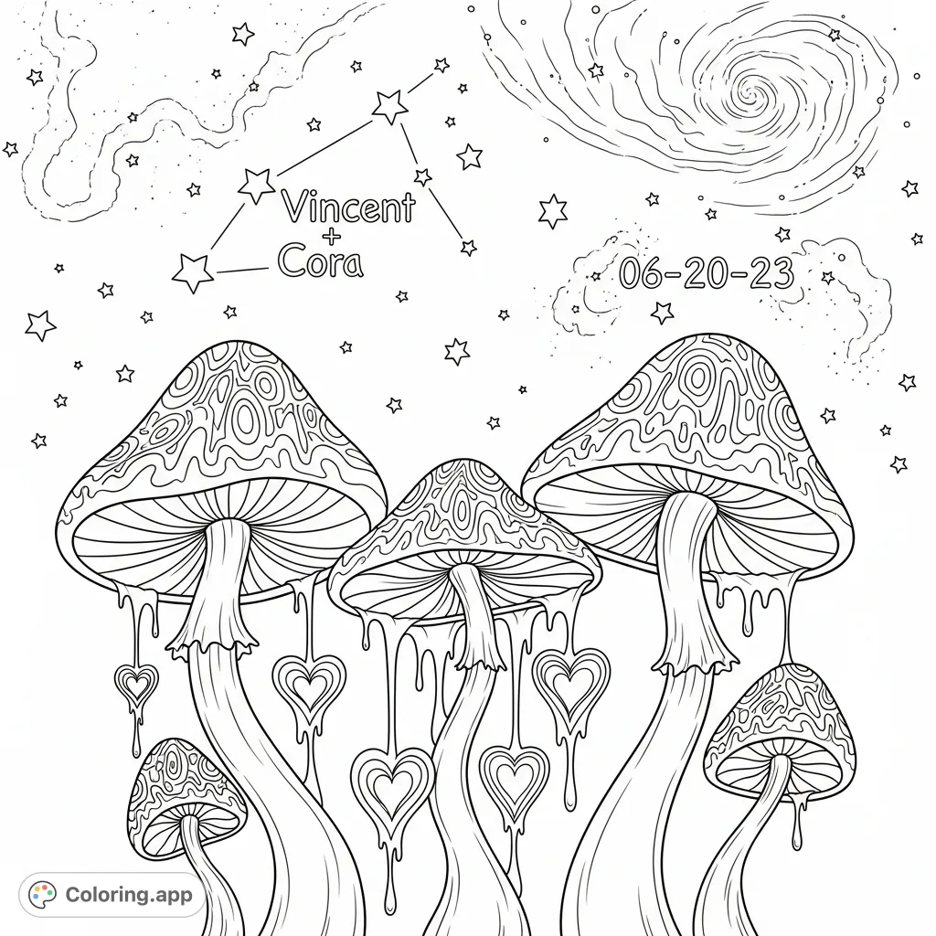 Explore a whimsical world of psychedelic mushrooms, dripping hearts, and celestial stars. Featuring "Vincent + Cora" and "06-20-23" etched in starlight.