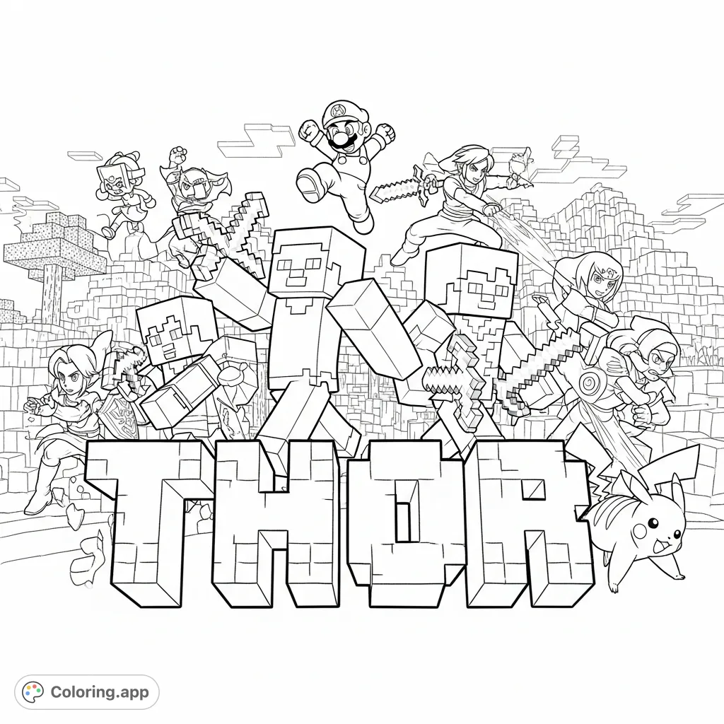 A thrilling mashup coloring page featuring 'Thor' in Minecraft letters, surrounded by iconic Minecraft and Super Smash Bros characters ready for adventure.