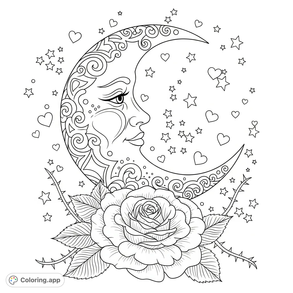 Unleash your creativity with this trippy crescent moon coloring page, featuring intricate patterns, scattered stars and hearts, and a beautiful decadent rose.