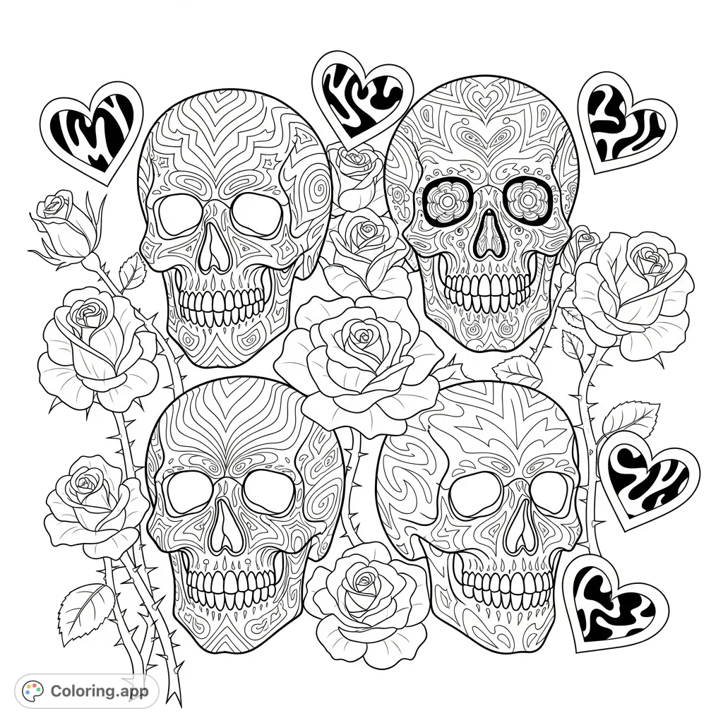 Unleash your creativity with this trippy skulls coloring page, featuring four stylized skulls, deadly thorny roses, and unique hearts for a bold, artistic experience.