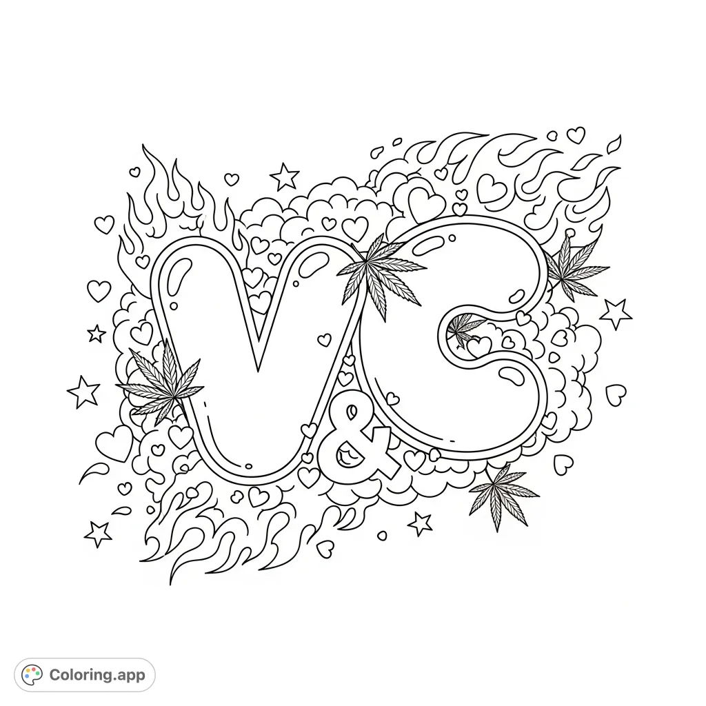 A captivating coloring page featuring bubble calligraphy letters 'V' and 'C' adorned with hearts, stars, cannabis leaves, and swirling fire and clouds.