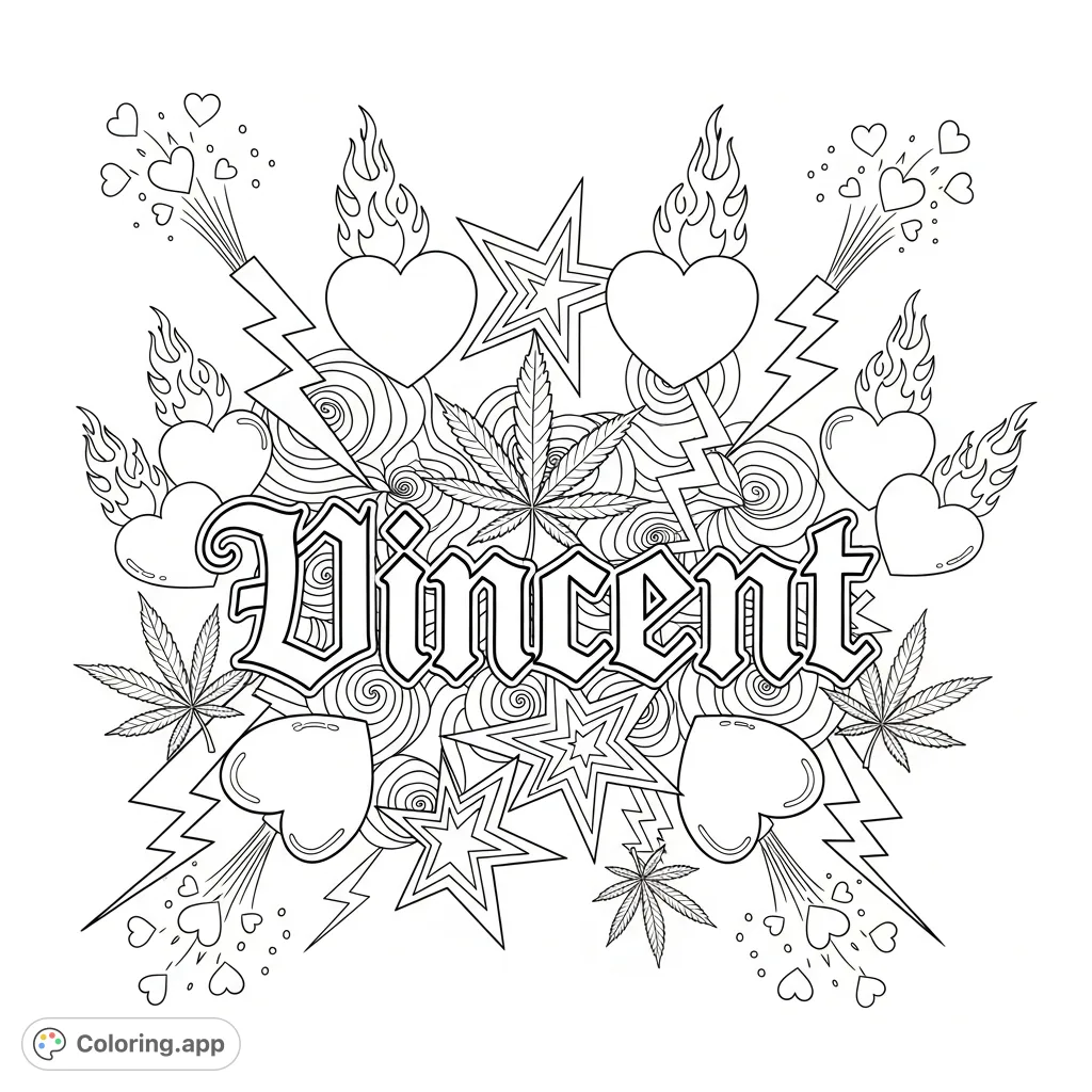 Unleash your creativity on 'Vincent' in gothic graffiti, surrounded by flaming hearts, trippy stars, lightning bolts, and marijuana leaves.
