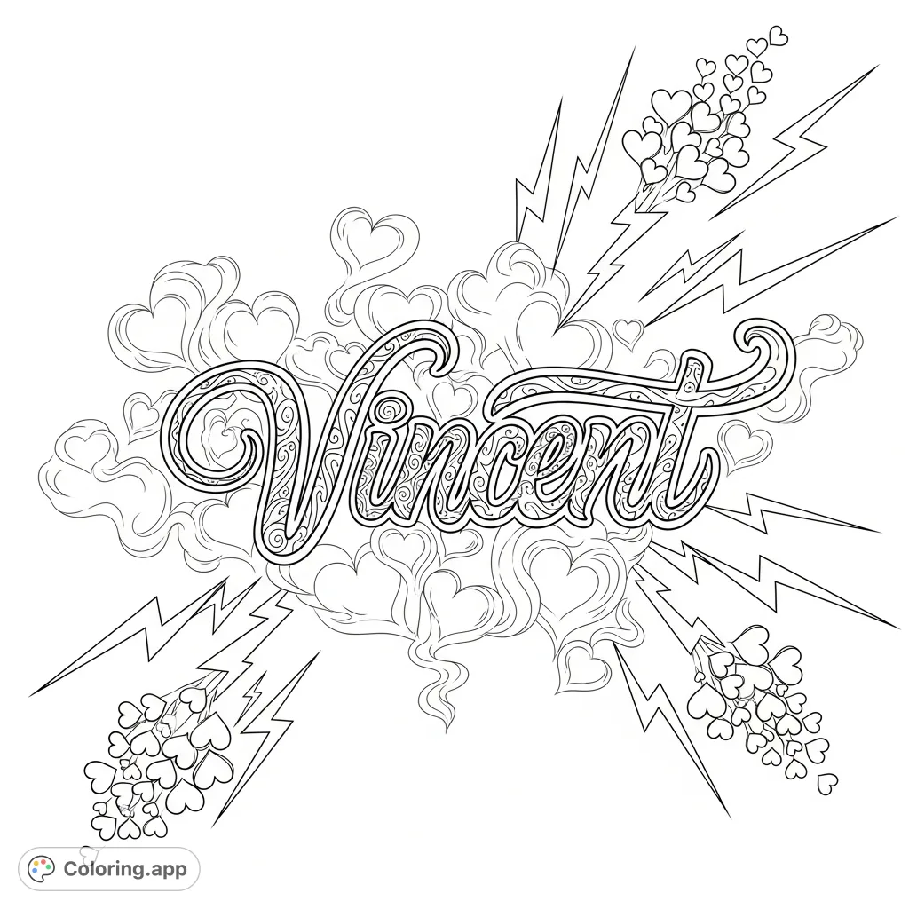 A dynamic Vincent graffiti coloring page, featuring psychedelic cursive surrounded by smokey hearts and bursting lightning bolts. Unleash your creativity!