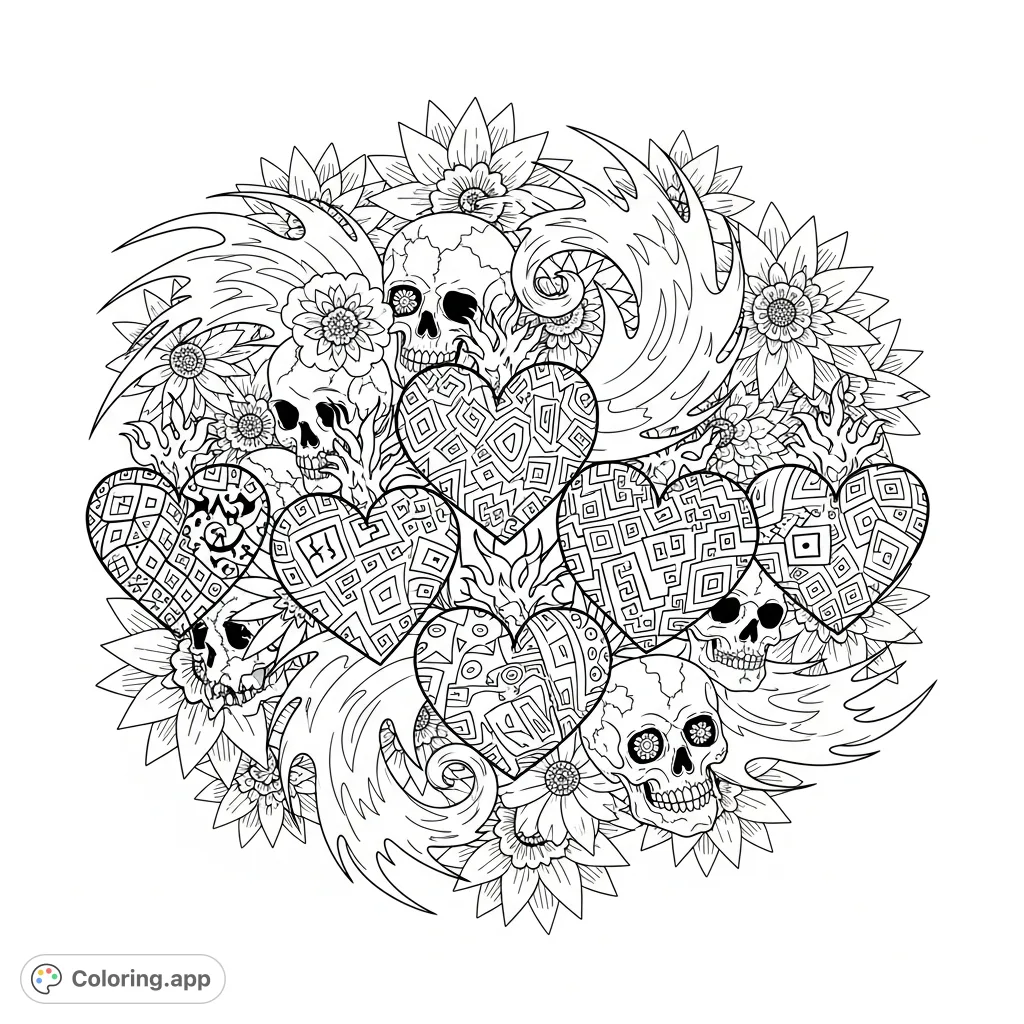 An edgy coloring page showcasing ornate hearts, fiery flames, intricate skulls, and stunning radiant flowers, perfect for expressive art and creative relaxation.