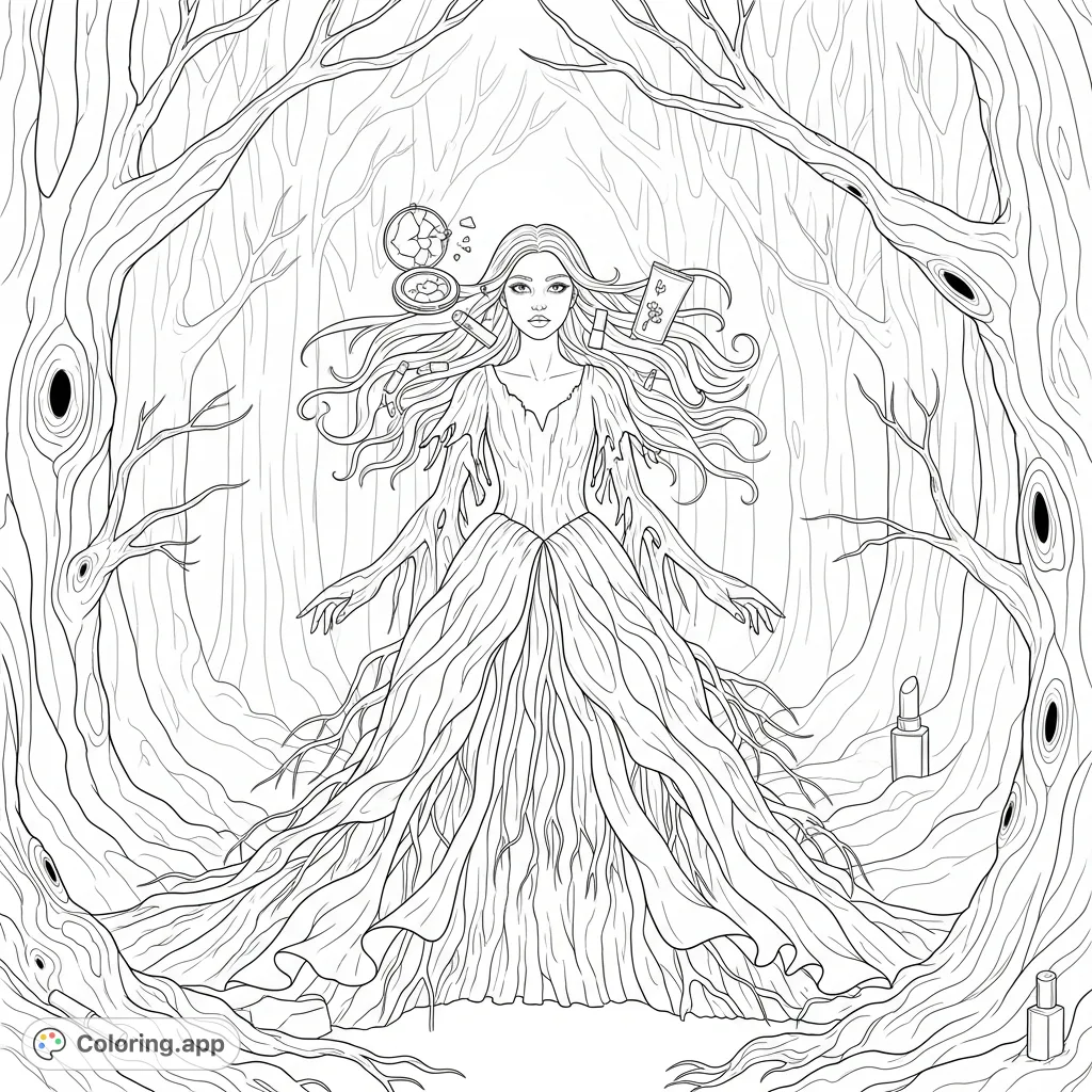 Witness a beautiful girl's dress transform into tree bark and roots amidst an ancient grove, with cosmetic items woven into the natural elements, depicting a quiet metamorphosis.