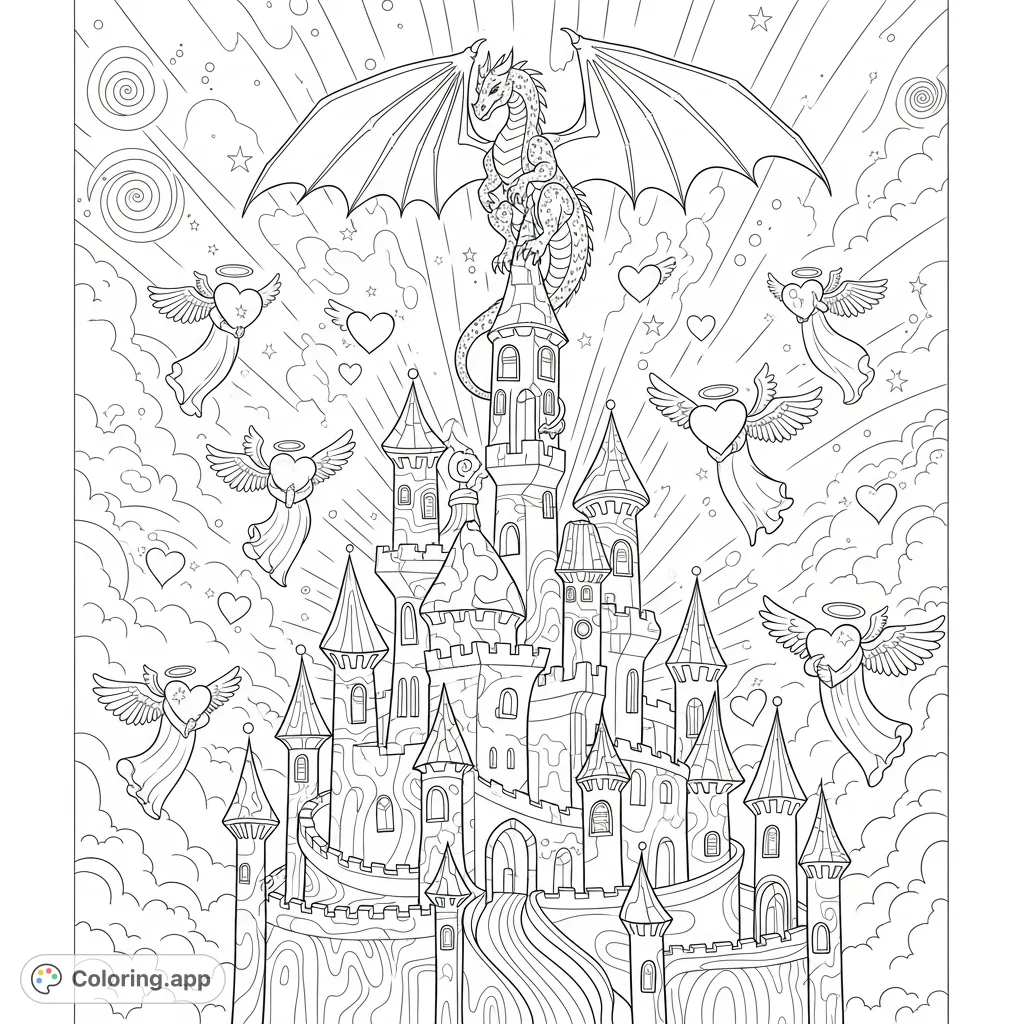 Explore a whimsical, trippy castle guarded by a majestic dragon, surrounded by ethereal winged hearts. A unique fantasy coloring page for imaginative minds.