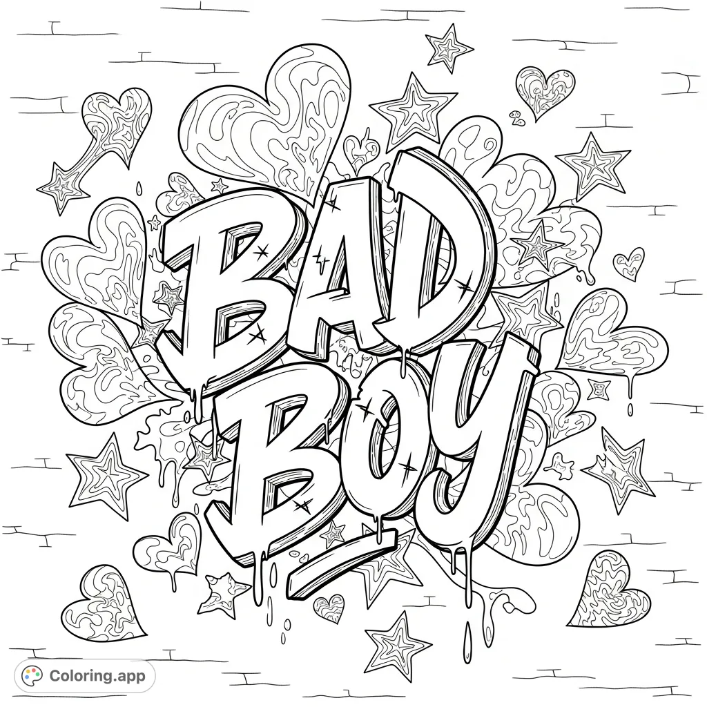 Unleash your creativity with this Bad Boy graffiti coloring page featuring dynamic lettering and intricate, trippy hearts and stars. A cool street art design.