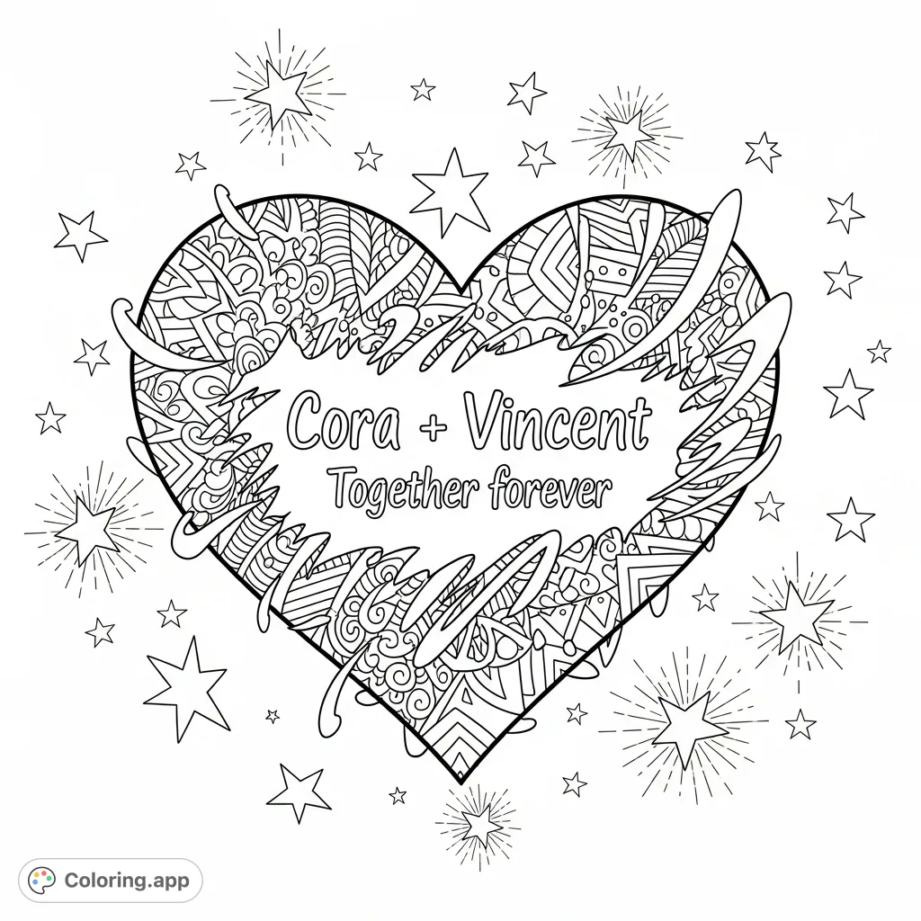 A unique Bohemian tribal and graffiti-style heart, inscribed with "Cora + Vincent Together forever," floats among stars. A personalized celestial romance coloring page.
