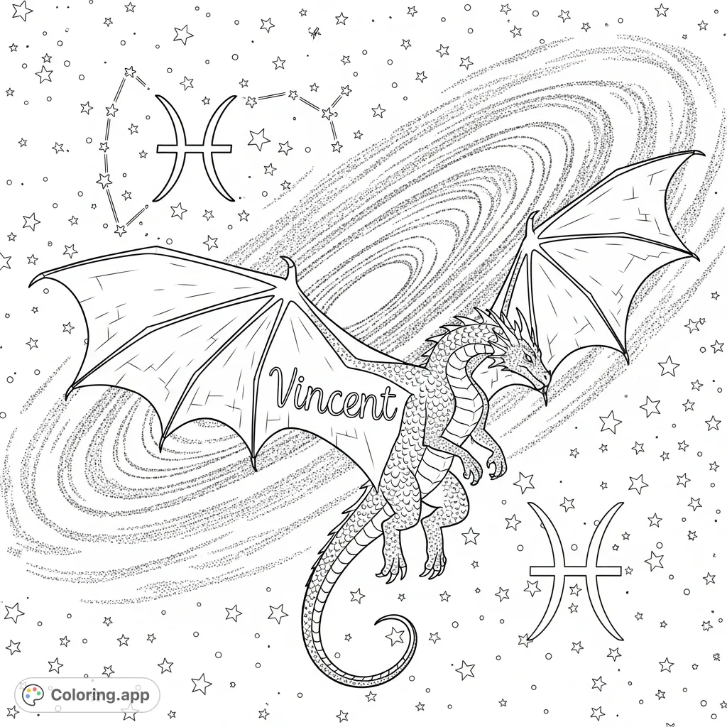 Explore the cosmic depths with Vincent, the godly dragon, soaring amidst a starry Milky Way, featuring the intricate Pisces constellation. A celestial adventure awaits!