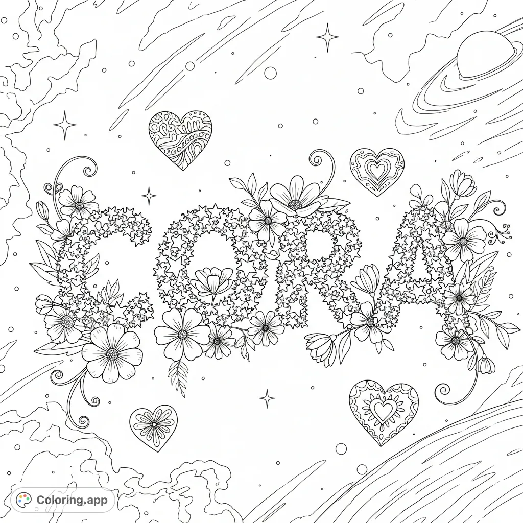 An enchanting Cora coloring page featuring the name formed by stars, surrounded by celestial flowers and decorative hearts in a swirling cosmic atmosphere.