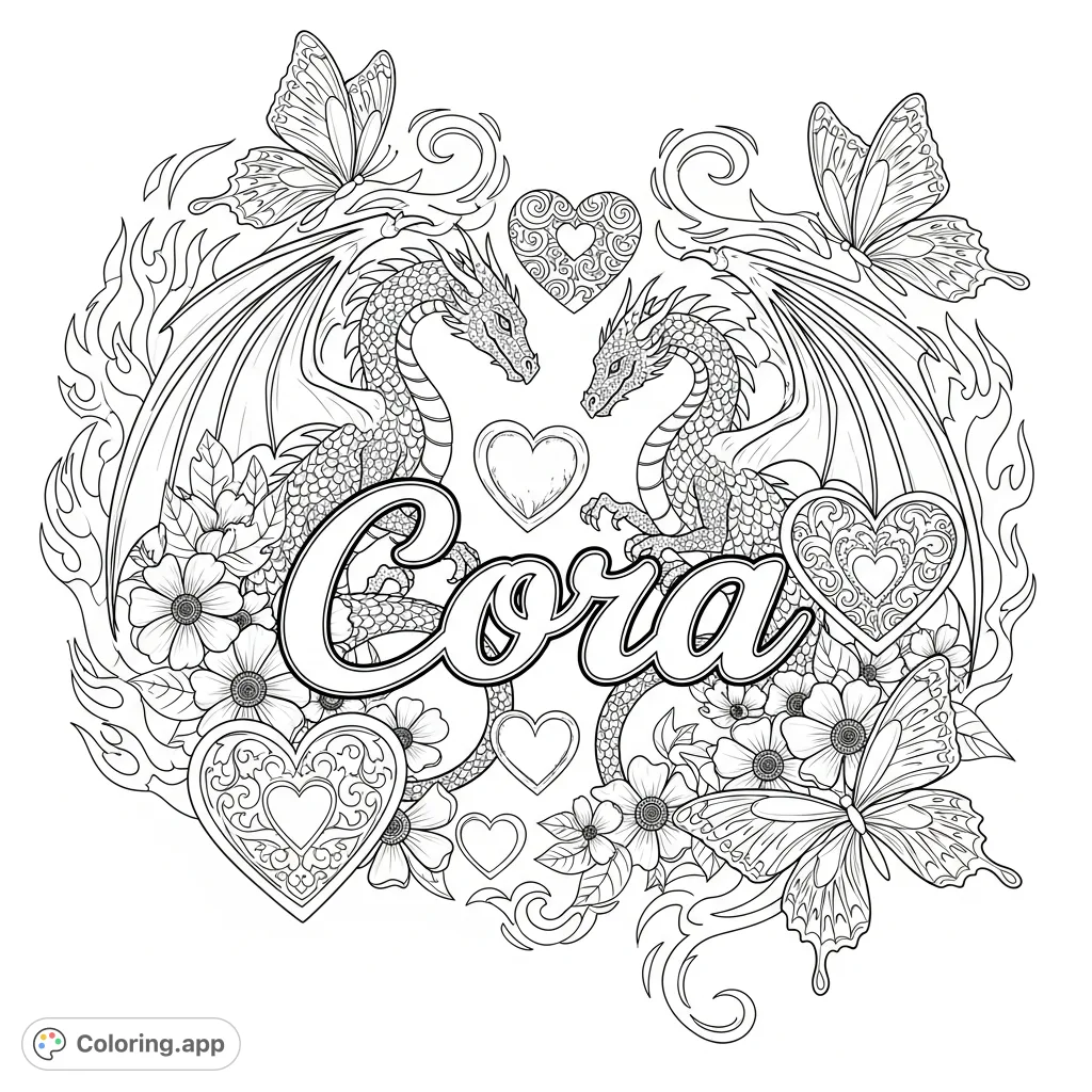 Discover a enchanting coloring page featuring the name 'Cora' amidst majestic dragons, delicate butterflies with flame-like wings, hearts, and beautiful flowers.